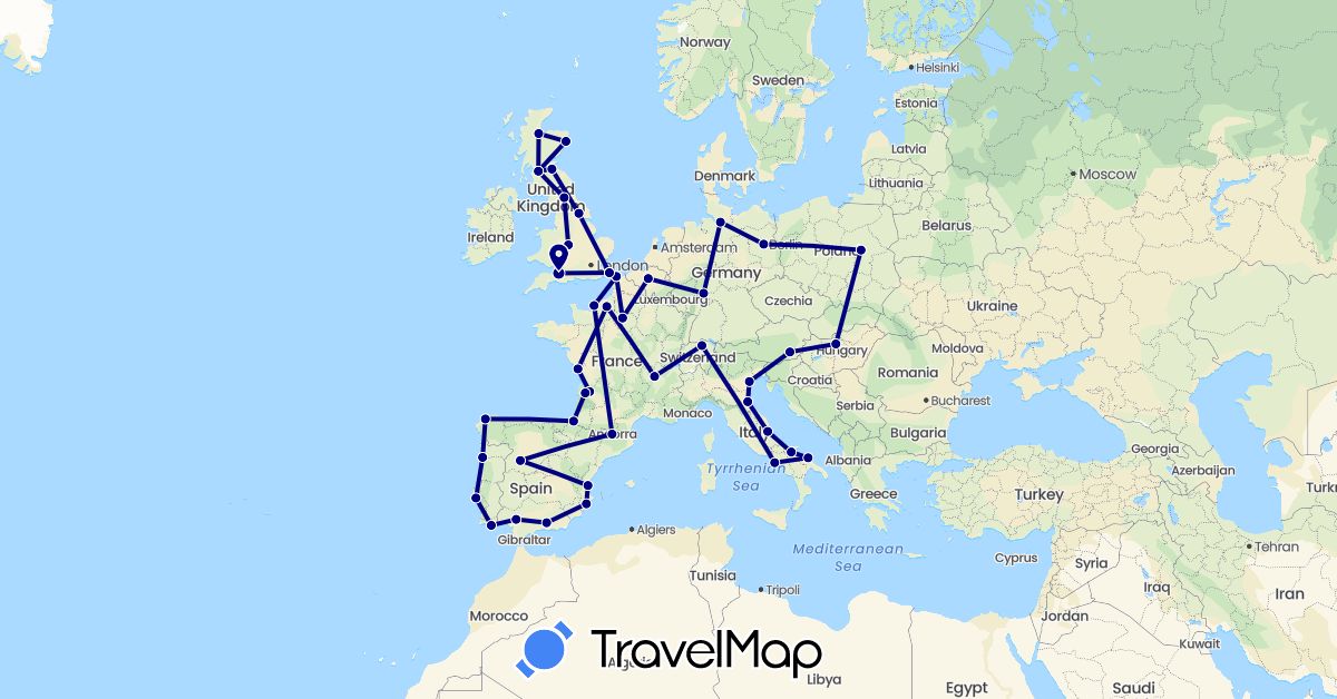 TravelMap itinerary: driving in Andorra, Austria, Belgium, Switzerland, Germany, Spain, France, United Kingdom, Hungary, Italy, Poland, Portugal (Europe)